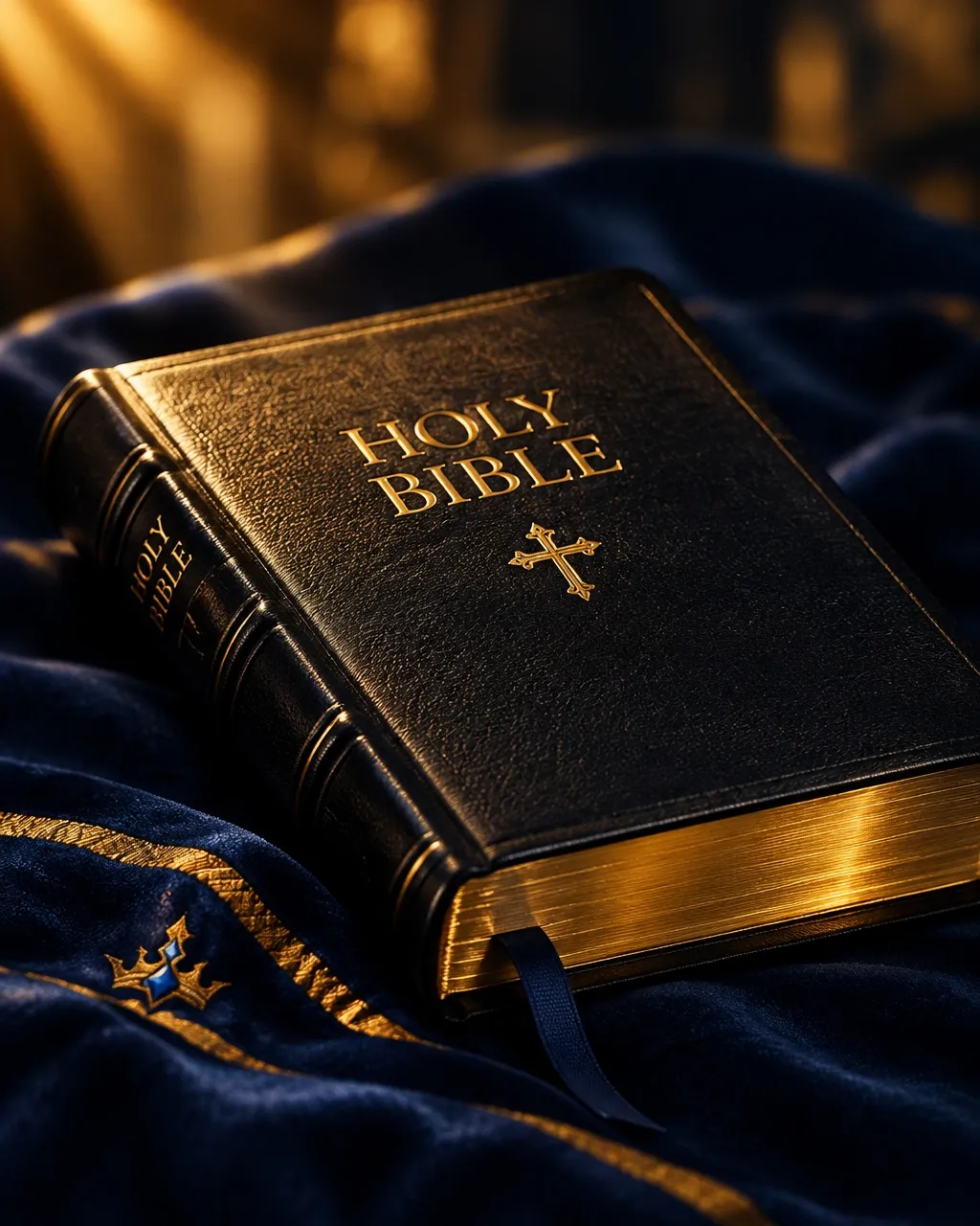 Bible resting on deep blue fabric in warm light
